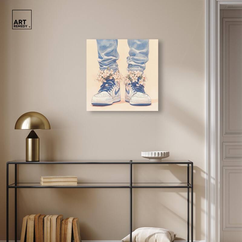Gentle Blue Sneakers and Flowers Canvas by Art Remedy, Gallery Wrapped