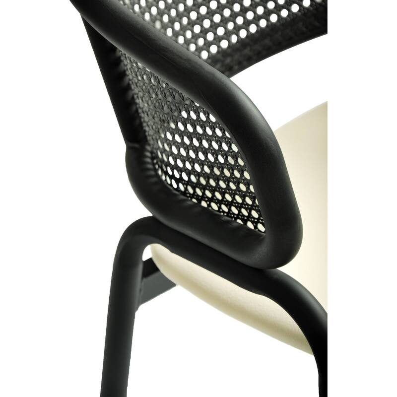 Ervilla Modern Upholstered Accent Side Chair with Wicker Back and Black Iron Legs for Dining Room & Kitchen, Set of 2