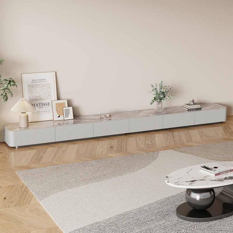 Modern TV Stands with Glossy Sintered Stone, 4-6Drawers, White & Gray - 141.73"&6Drawers-Grey