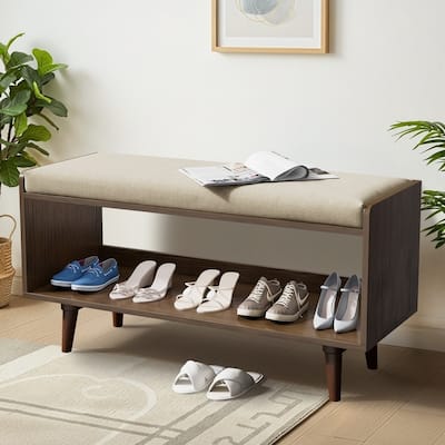 Upholstered End-of-Bed Bench with Shoe Storage - Solid Wood Frame, Anti-Slip Legs