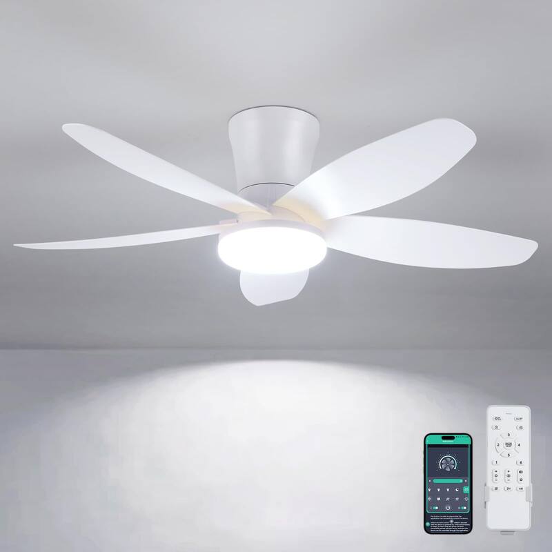 36'' Inch Small Flush Mount Ceiling Fan with Light, 6 Speeds, Dimmable - N/A - White