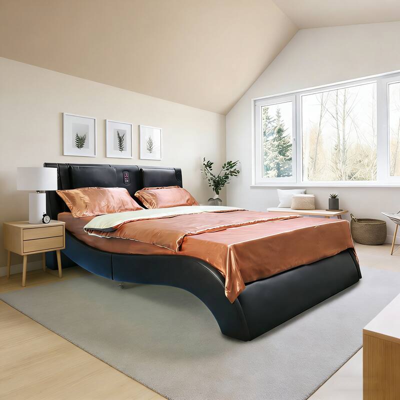 King/Queen Faux Leather Platform Bed with LED, Bluetooth Speakers & Backrest Massage