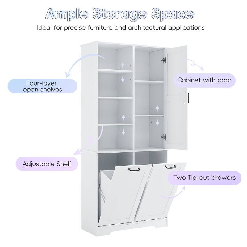 Free Standing Bathroom Storage Cabinet with Tilt-Out Laundry Baskets, Tall Cabinet with Adjustable Shelf