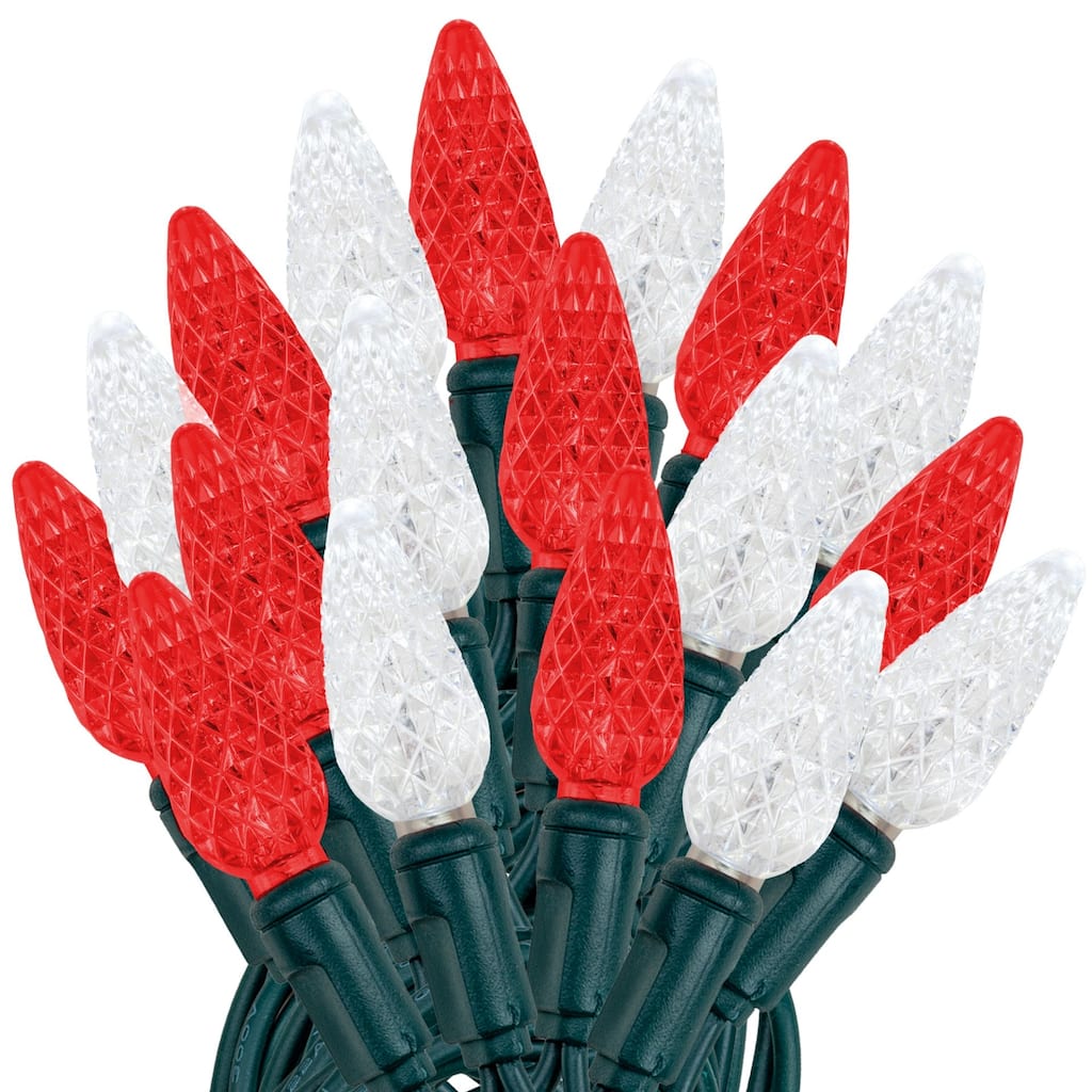 70 Light C6 LED Christmas Mini Light Set, Red/Pure White, Green Wire, 24 Feet - Large