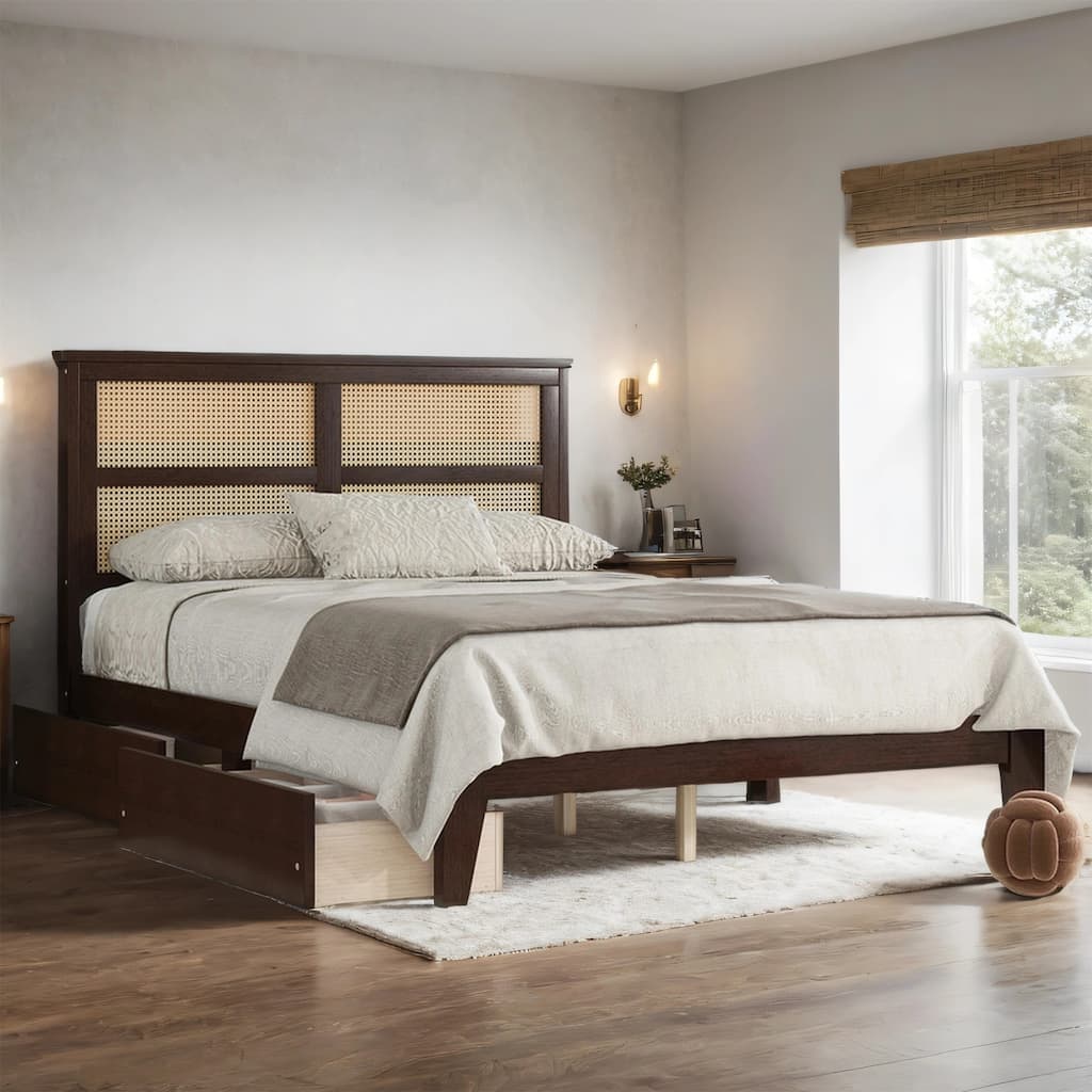 King/Full Size Bed with Rattan Headboard, Two Drawers, Support Feet