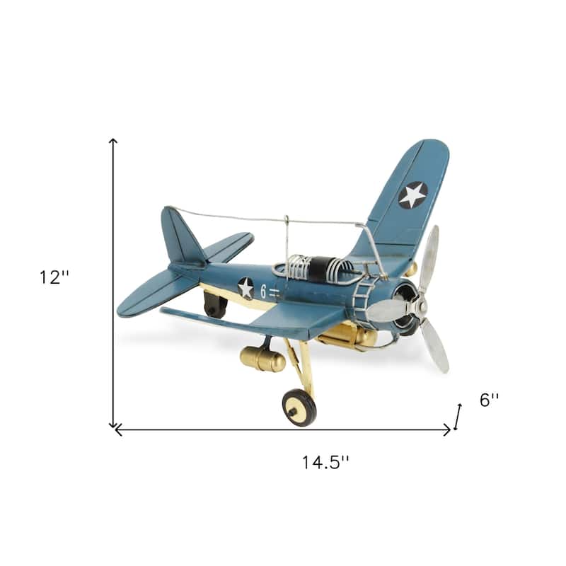 HomeRoots 6" Yellow and Green Metal Hand Painted 1942's F-4 Corsair Model Airplane - 14.5' X '6' X '12