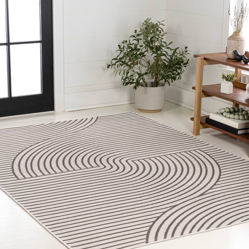 JONATHAN Y Reversible Zana Mid-Century Modern Curve Stripe Machine-Washable Dark Gray/Cream Indoor/Outdoor Area Rug
