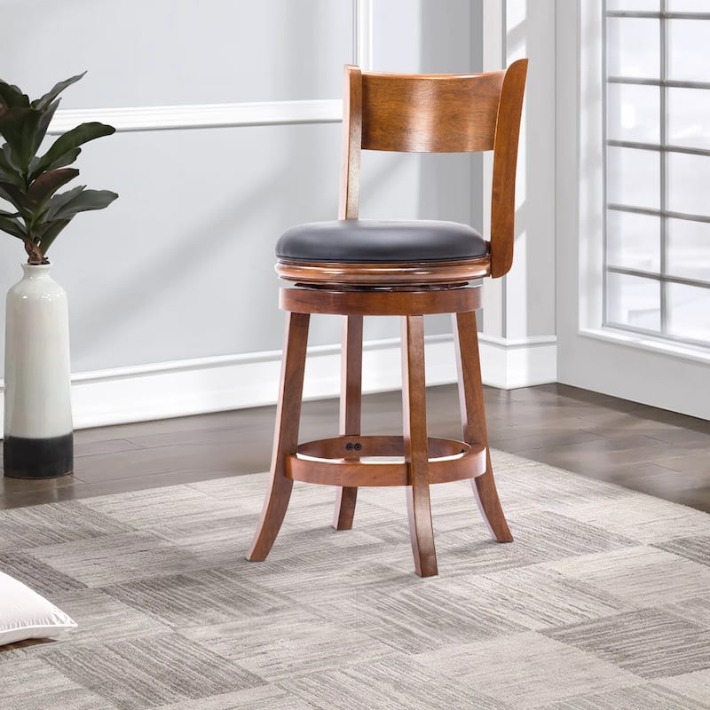 Pal 24 Inch Swivel Counter Stool, Solid Wood, Bonded Leather, Walnut Brown