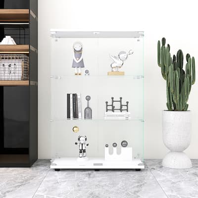 Floor Standing Curio Bookshelf with Door,Enhanced Protection,Two door Glass Display Cabinet 3 Shelves for Bedroom Office
