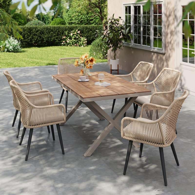 7-Piece Outdoor Dining Set - Iron Frame with Cross Wicker Back Chairs & X-Base Table