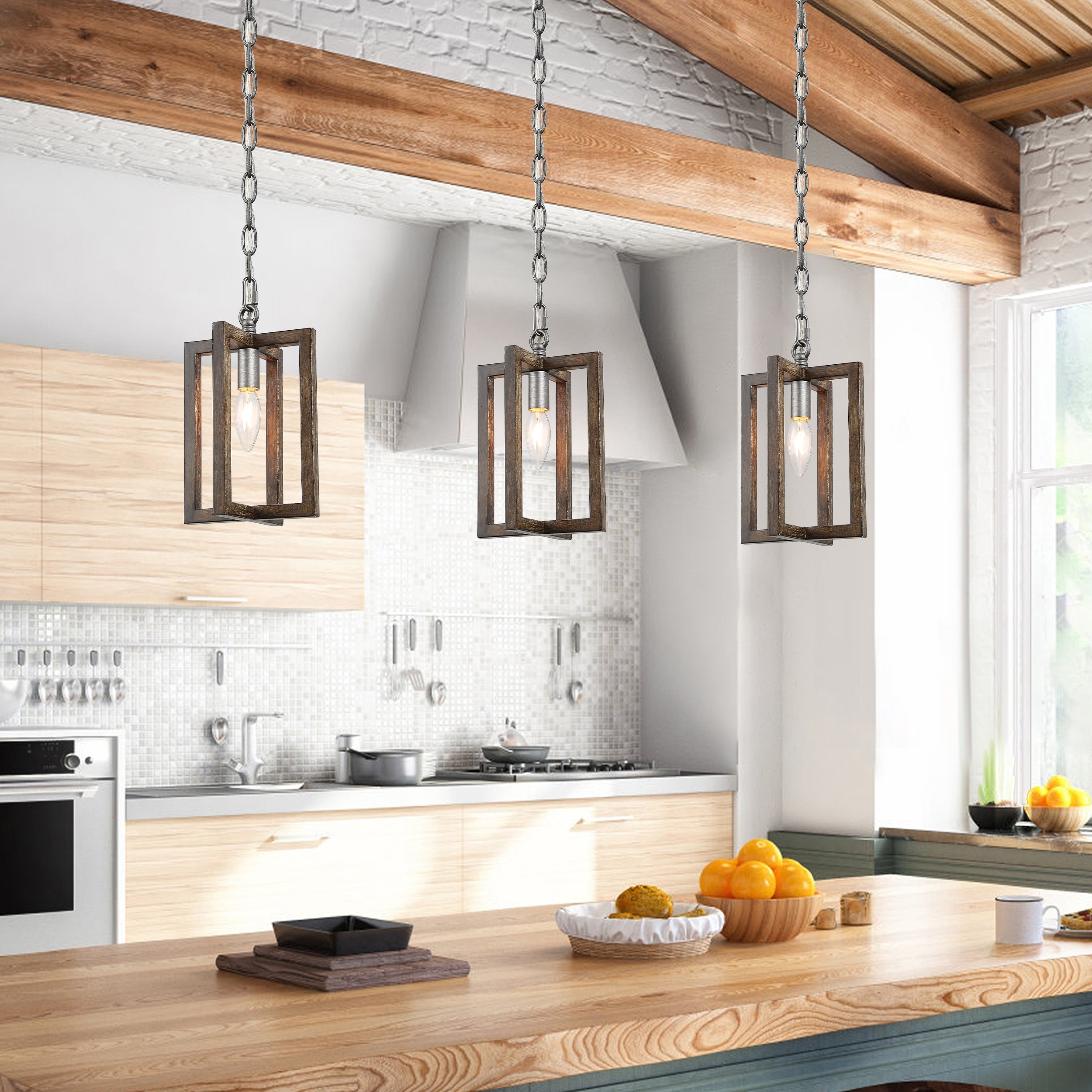 Farmhouse 1-Light Wood Grain Pendant Light for Kitchen Island Dining Room - D6.5'' x H70''