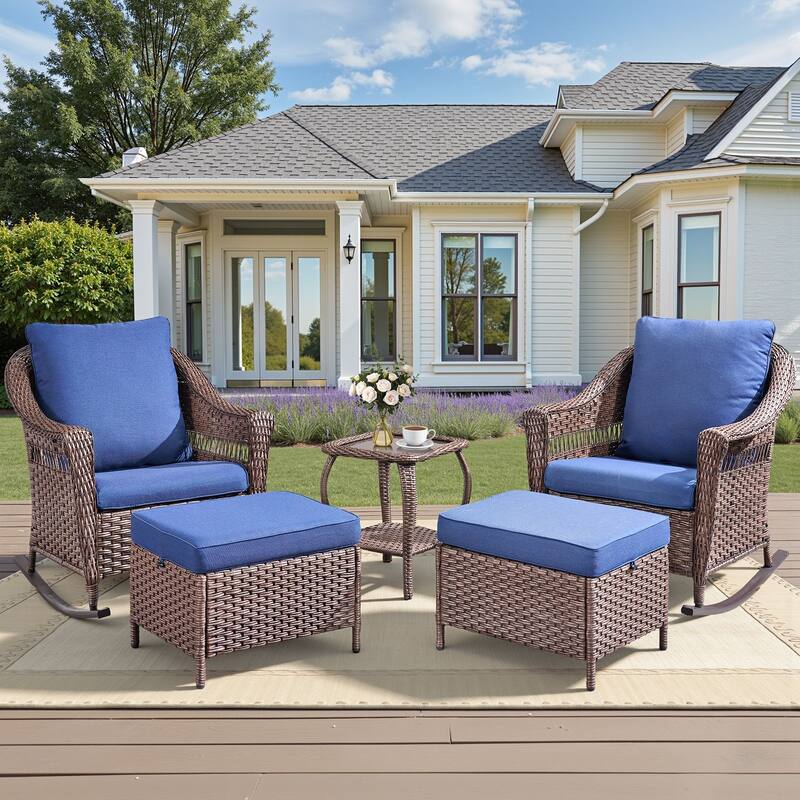 Pocassy Outdoor Wicker Rocking Chairs Table Sets of 5 - Brown & Blue