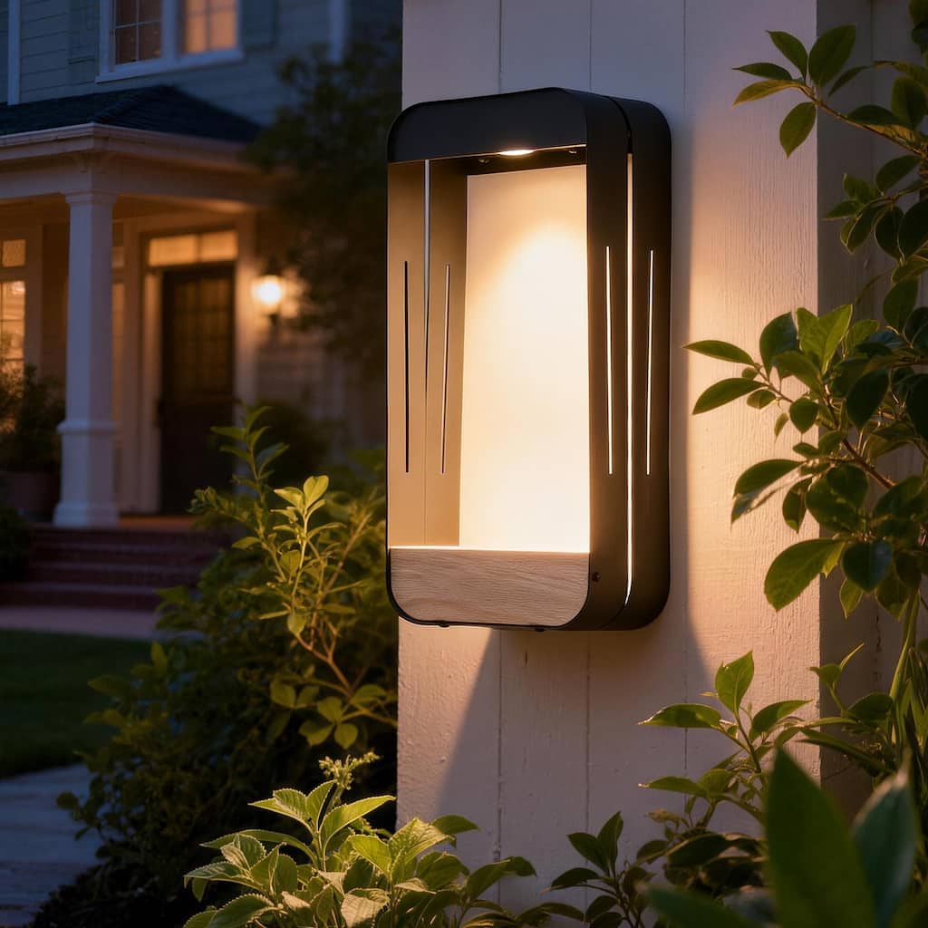 Outdoor Solar LED Wall Lantern Metal Wood-grain Shelf Sconce