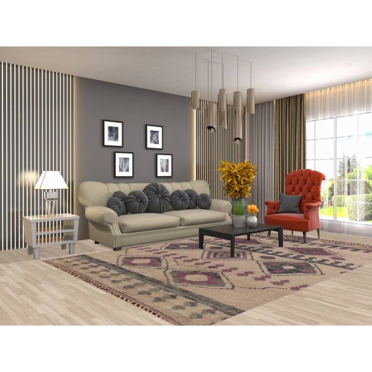 Geometric Plush Moroccan Area Rug Handmade Beige Wool Carpet - 6'9" x 10'4"