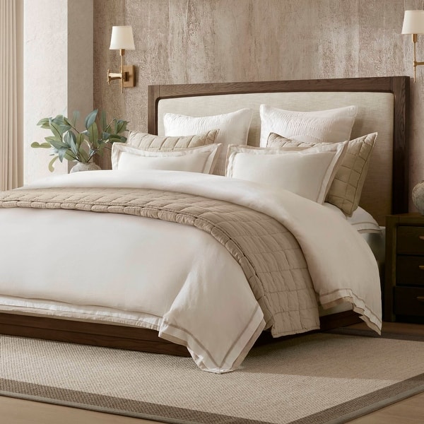 slide 2 of 24, Harbor House Linen Blend Double Flange Duvet Cover Set White/Gold - King