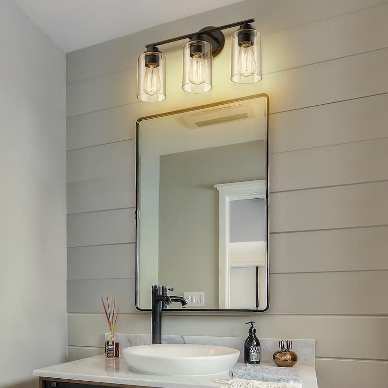 3-Light Bathroom Vanity Lights,Black with Clear Glass Shade