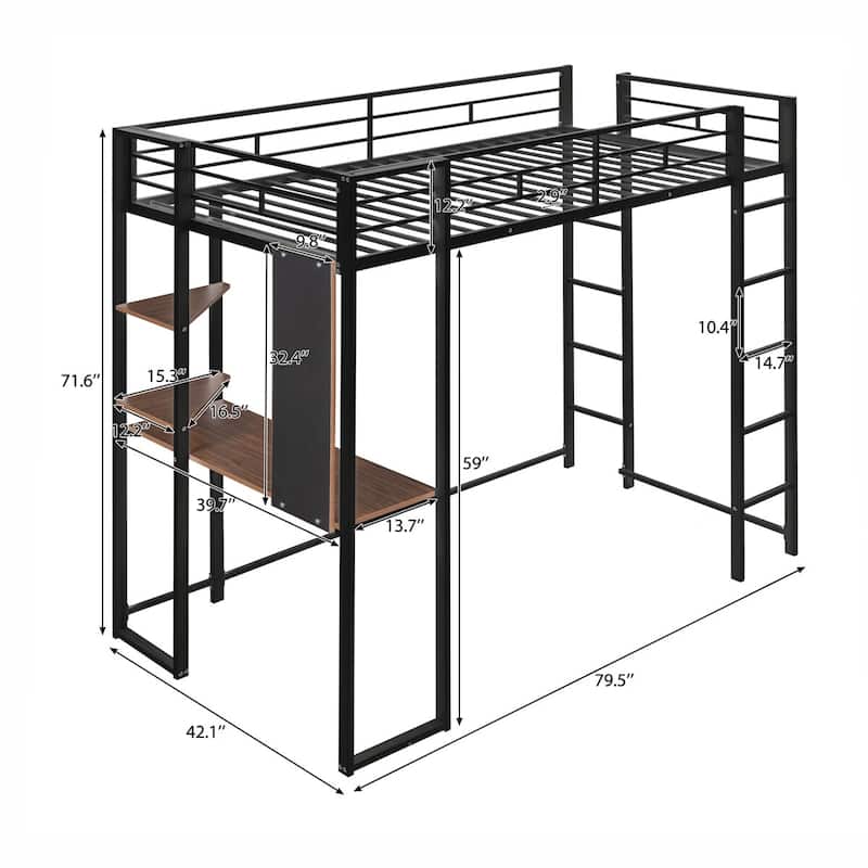 Merax Metal Twin Size Loft Bed with Desk, Shelves