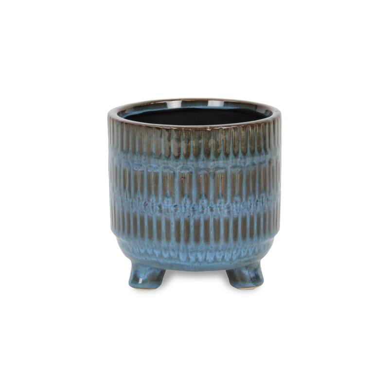 Victrola Raised Round Tri-Band Lined Pattern Ceramic Pot - Blue - Small