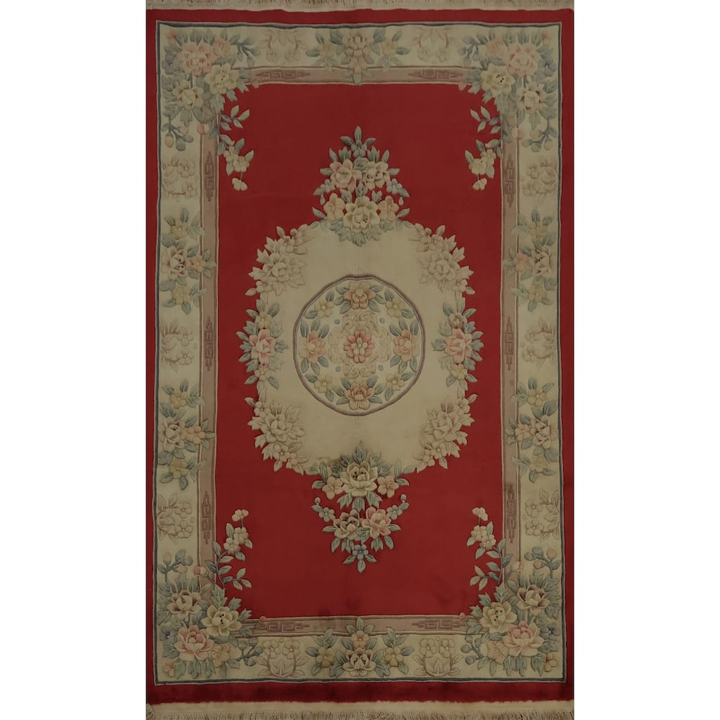 Hand Knotted Oriental 100% Wool Carpet Traditional Floral Red Art Deco Area Rug - 9' 0'' X 5' 10''