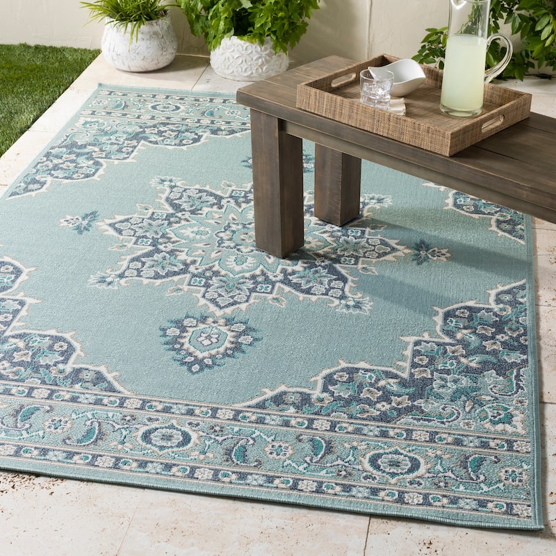 Livabliss Cesare Medallion Indoor/ Outdoor Area Rug - 7'3" Round - Pale Blue