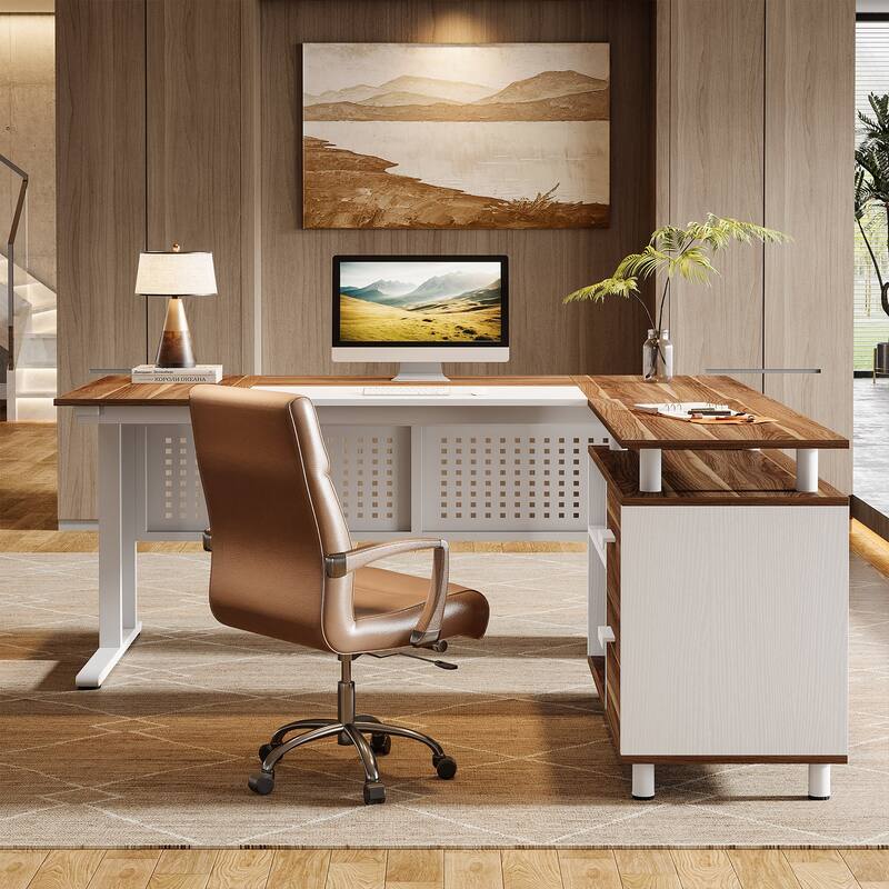 63-Inch L-Shaped Executive Desk with Storage Shelves
