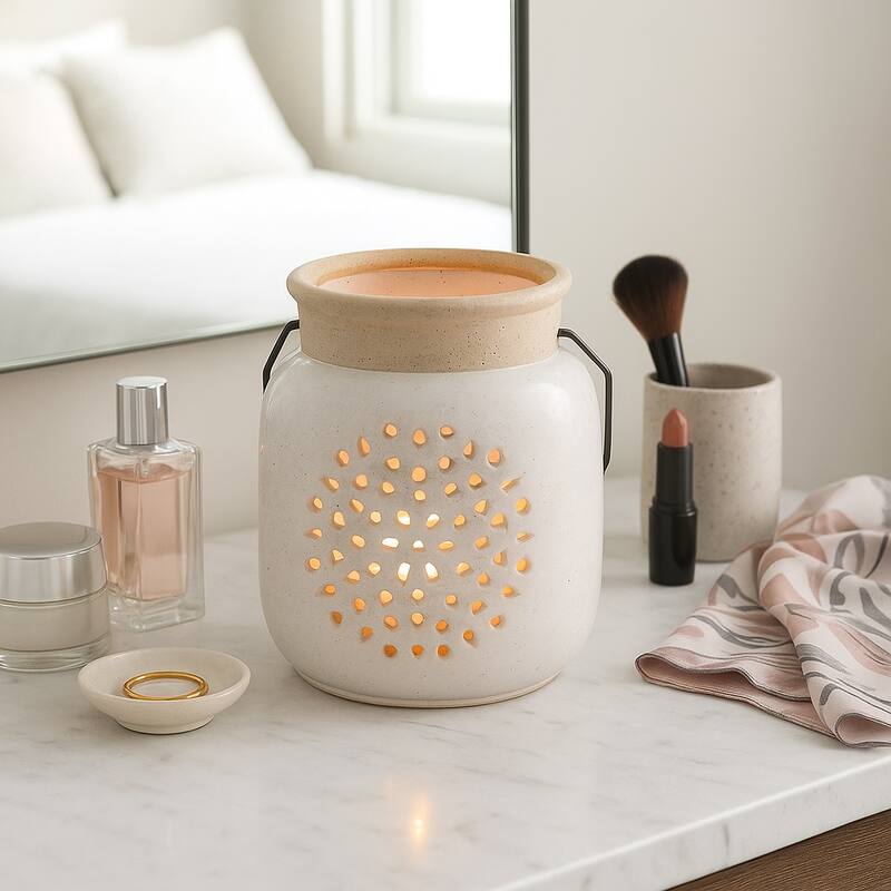 Ceramic Cylinder Flower Cut-Out Lantern - Ivory, 6 in. - Ivory/ Tan - 6.0"