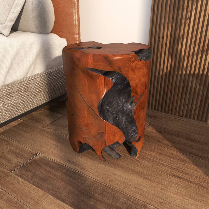 Brown Teak Wood Handmade Live Edge Stump Accent Table with Charred Detailing
