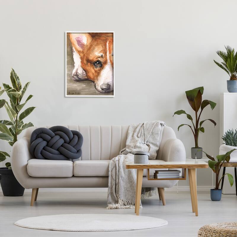 Stupell Pleasant Corgi Puppy Dog Gazing Lying Down Framed Wall Art, Design by George Dyachenko - Tan