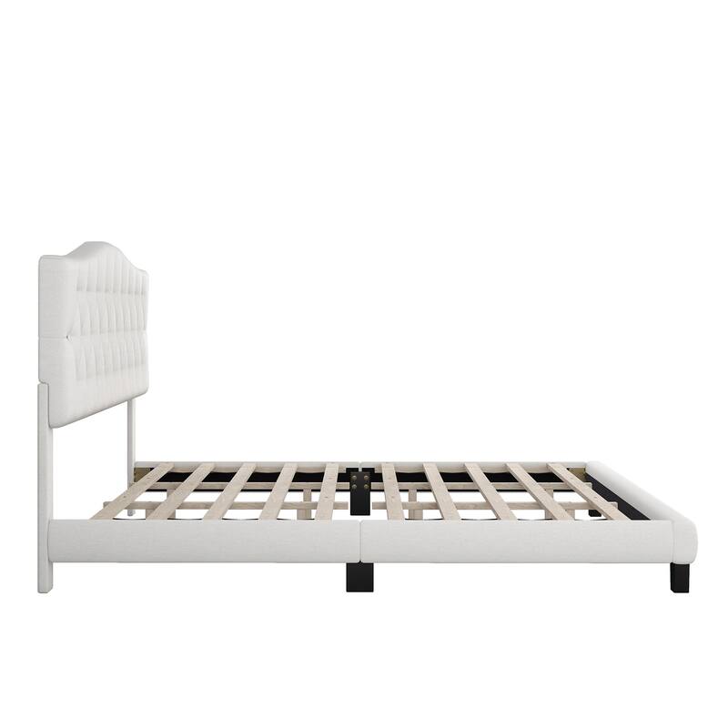 Platform Bed with Saddle Curved Tufted Headboard, Beige