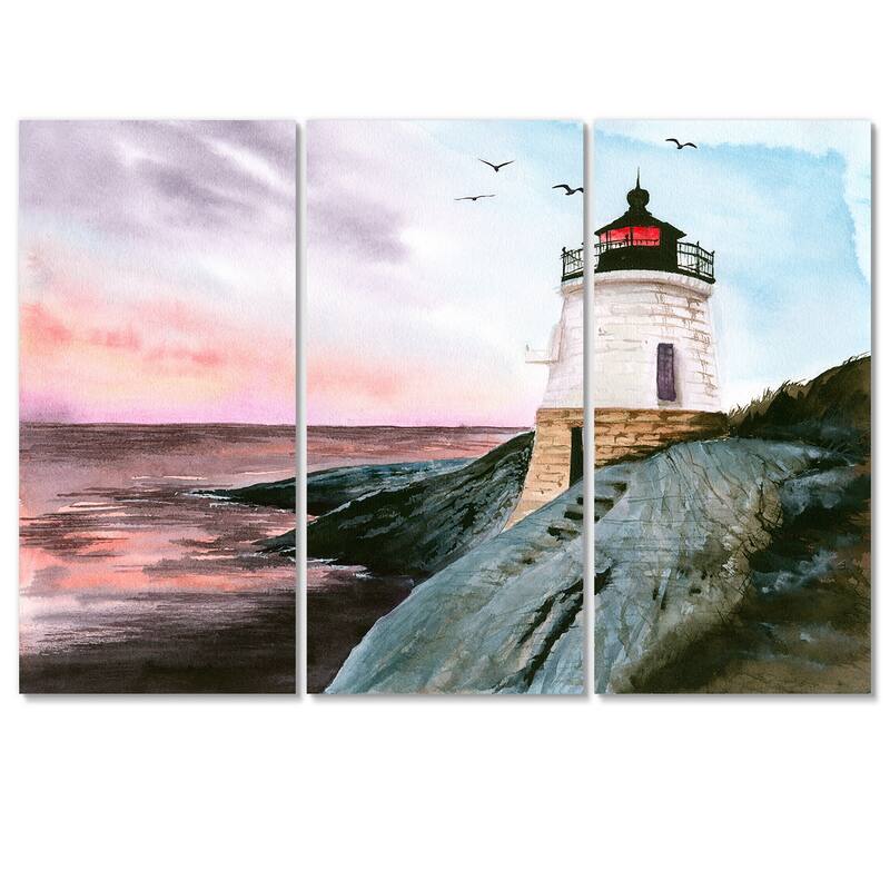 Designart "Castle Hill Lighthouse On Rocky Island On Sunset" Nautical & Coastal Canvas Wall Art