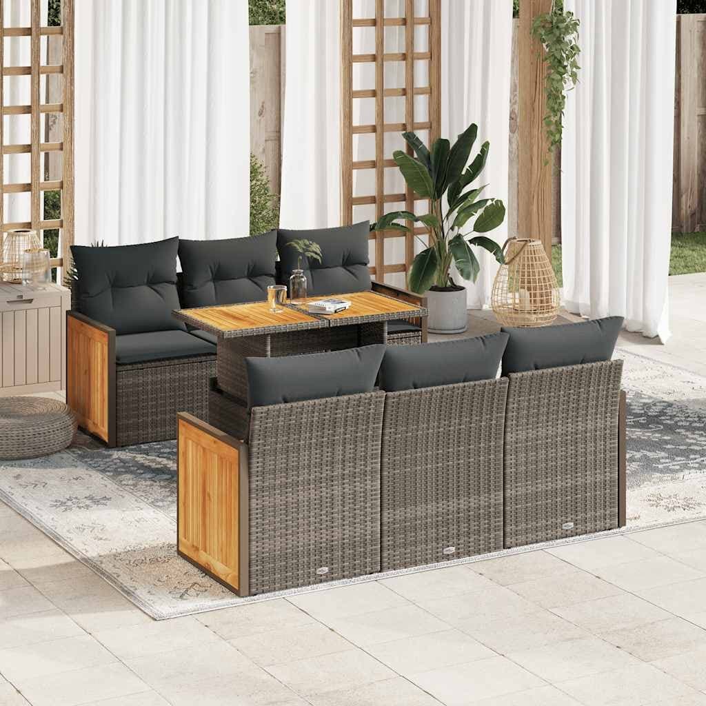 vidaXL Patio Sofa Set with Cushions Modular Sofas 7 Piece Poly Rattan Acacia - 68.1 x 24.4 x 27.2 in