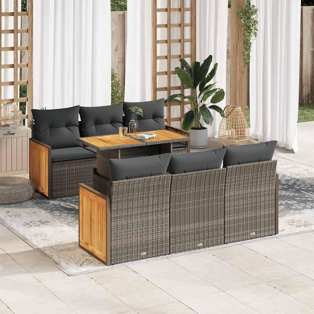 vidaXL Patio Sofa Set with Cushions Modular Sofas 7 Piece Poly Rattan Acacia - 68.1 x 24.4 x 27.2 in