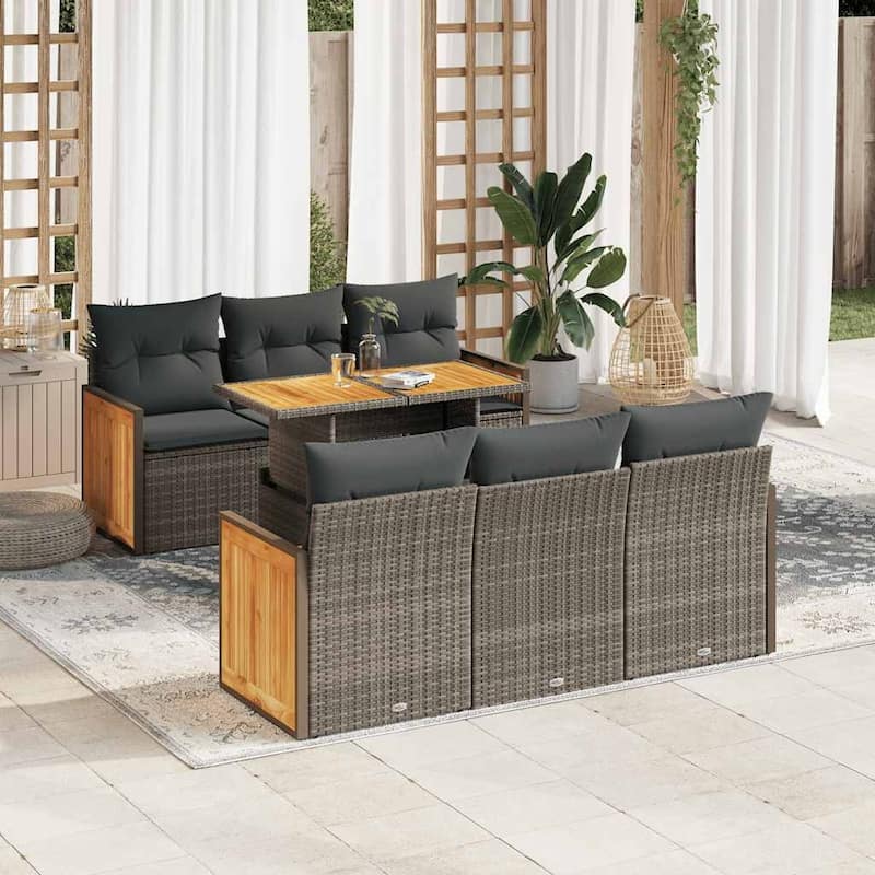 vidaXL Patio Sofa Set with Cushions Modular Sofas 7 Piece Poly Rattan Acacia - 68.1 x 24.4 x 27.2 in