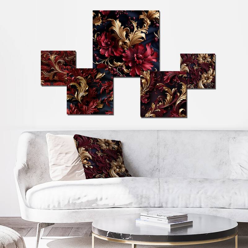Designart "Opulent Baroque Scrolls Victorian Pattern" Damask Wall Art Set of 5 - Bohemian Metal Wall Art Office Room Set