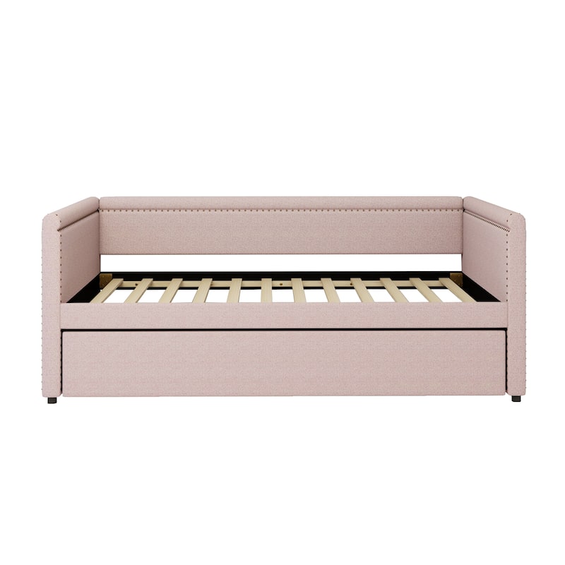 Modern Style Twin Size Upholstered Daybed with Trundle for Guest Room, Small Bedroom, Study Room, Beige
