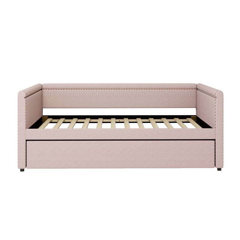 Twin Size Upholstered Daybed with Twin Trundle, Solid Wood Sofa Bed Frame with Nailhead Trim for Guest Room & Small Bedroom