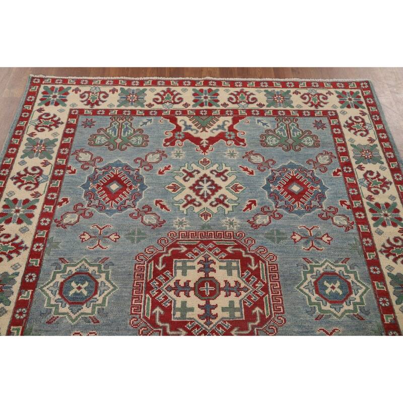 Blue Geometric Kazak Area Rug Hand-Knotted Wool Carpet - 4'11" x 6'4"