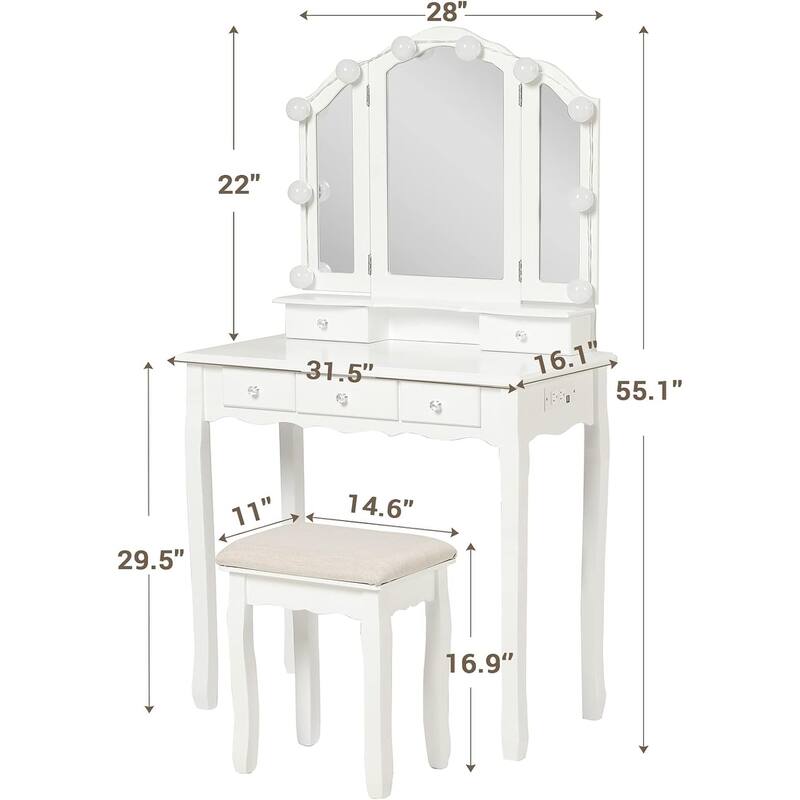 Vanity Desk Set Makeup Vanity Lighted Tri-fold Mirror and Stool