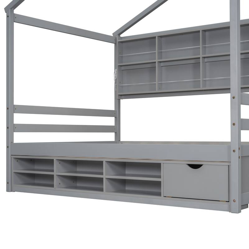 Full House Bed with Roof Frame, Bedside-shelves, Under Bed Storage Unit