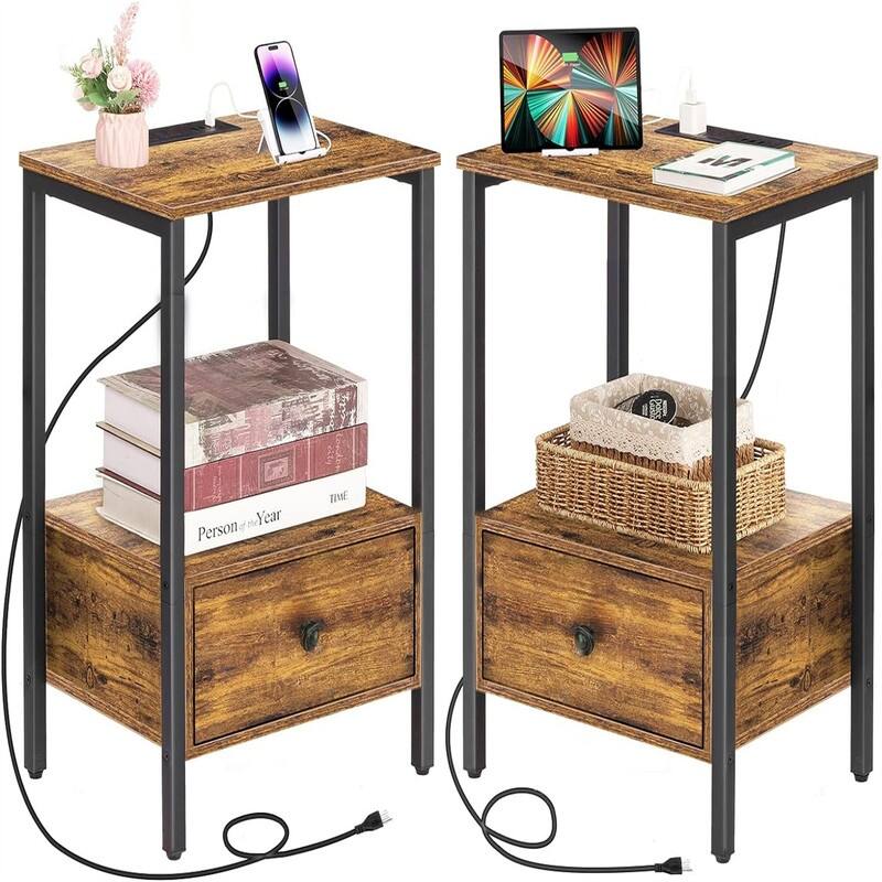 Side Table with Charging Station - 11.8"D x 15.7"W x 23.6"H - Rustic Brown