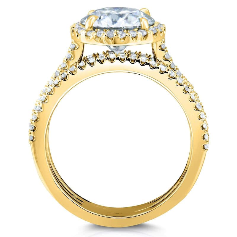 Kobelli 2.4 Carats Moissanite & Natural Diamond 14k Solid Gold Raised Round Halo Half Eternity Bands Capri 3pc Bridal Set