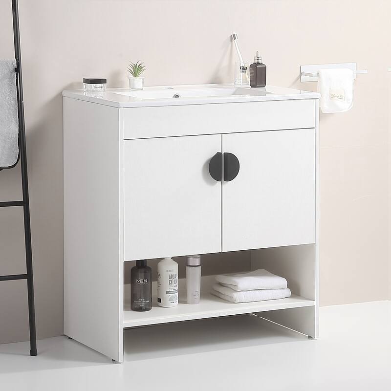 30 in. W x 19 in. D x 33 in. H Bathroom Vanity with White Ceramic Basin,Two Cabinet Doors,Excluding faucets