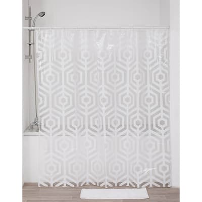 Transparent PEVA Shower Curtain - White Hexagon Design - 71x71 Inches