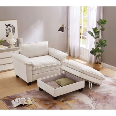 Cloud Lazy Chaise Lounge, Single Sofa Chair & Storage Ottoman Set of 2, Oversize Chenille Upholstered Lounge Sleeper Sofa