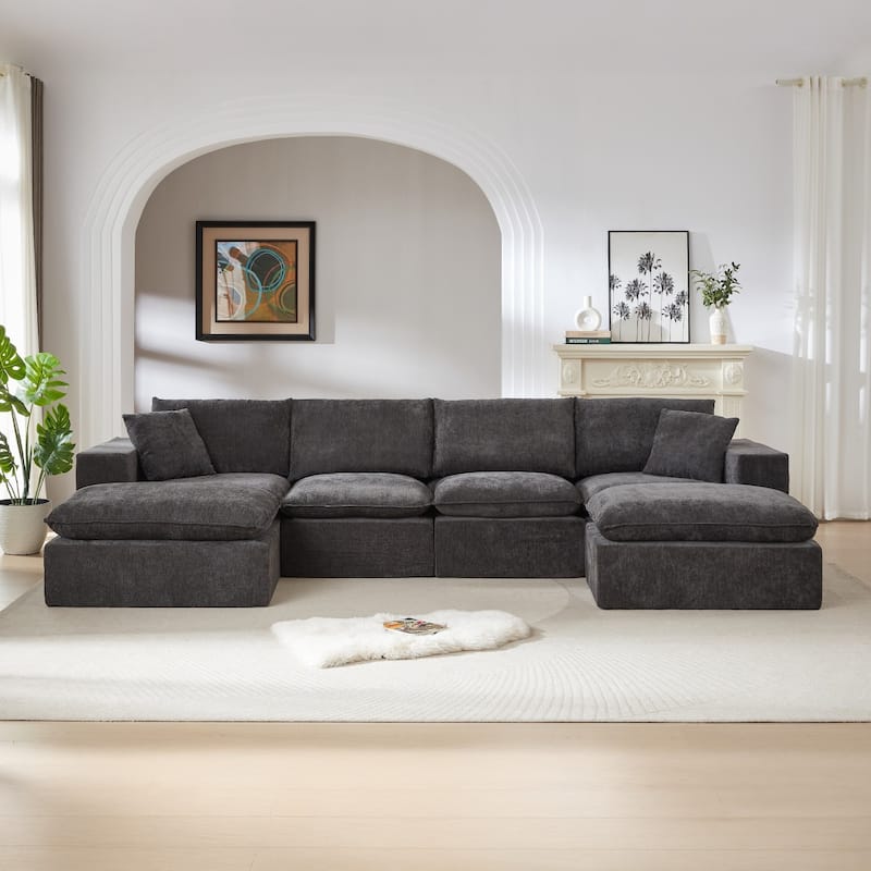 137.89" Modern Chenille Comfy Sectional Cloud Sofa with Two Pillows