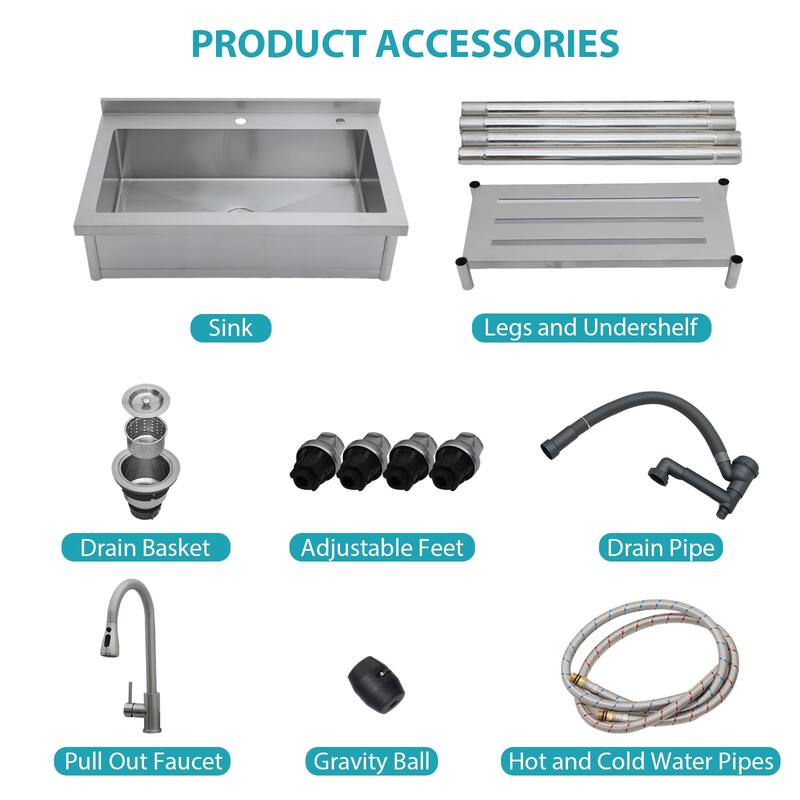 36 Inch Freestanding Integrated Single Bowl 18 Gauge Stainless Steel Kitchen Sink with Pull-Out Faucet - 36'' x 21'' x 35.5''