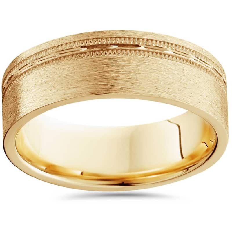 Mens 6mm Flat Brushed Offset Wedding Band Yellow Gold