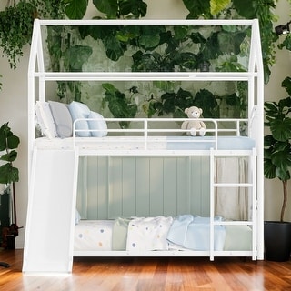Kids House Twin Over Twin Metal Bunk Bed with Slide and Ladders, White ...