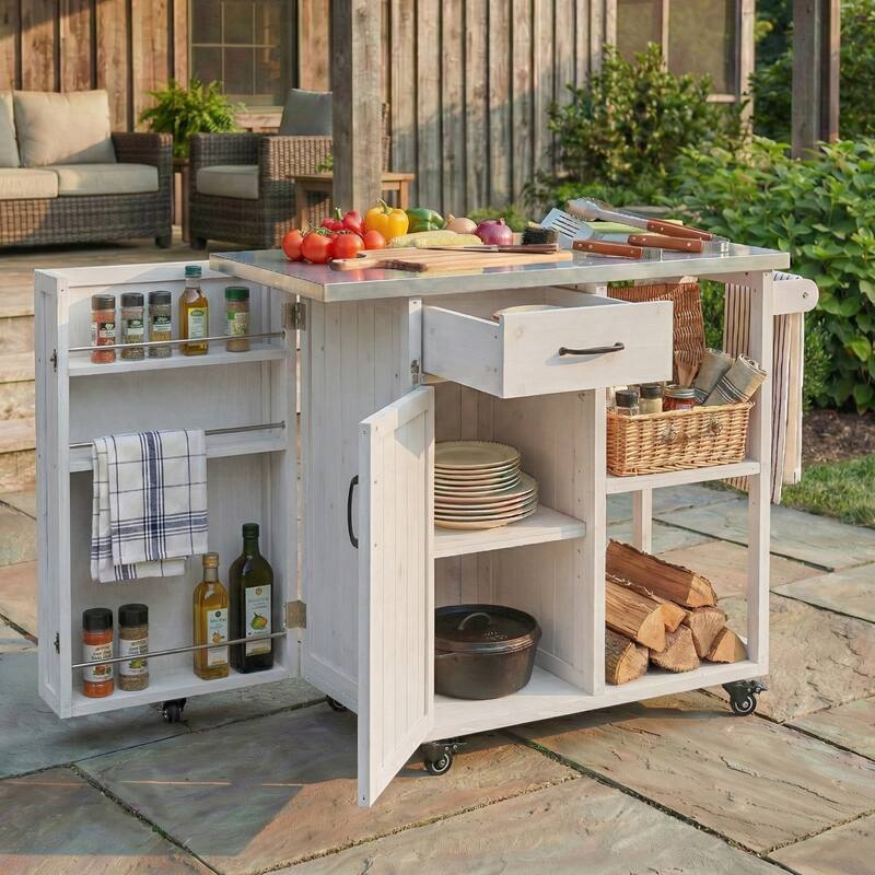 Fir Wood Outdoor Kitchen Prep Station Cart with Stainless Steel Top & Towel Rack