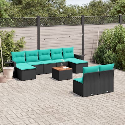 vidaXL 10 Piece Patio Sofa Set with Cushions Black Poly Rattan - 24.4 x 24.4 x 27.2